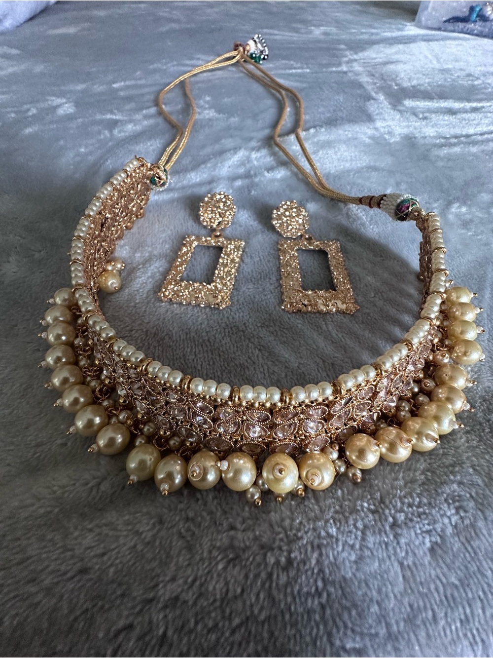 Gold Pearl-Accented Choker Necklace with Coordinating Earrings - Women Jewelry